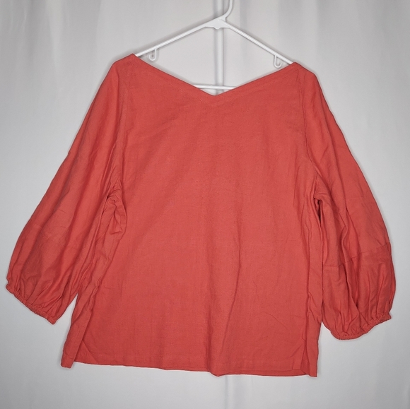 Loft Linen Blend Top Women Large Peasant 3/4 Bishop Sleeve Boho Minimalist Coral - Picture 2 of 9